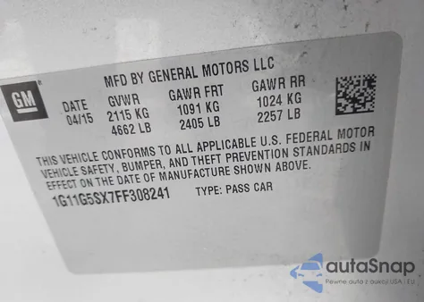 2015 Chevrolet Malibu 2Lz z USA, uszkodzony, nr VIN 1G11G5SX7FF308241